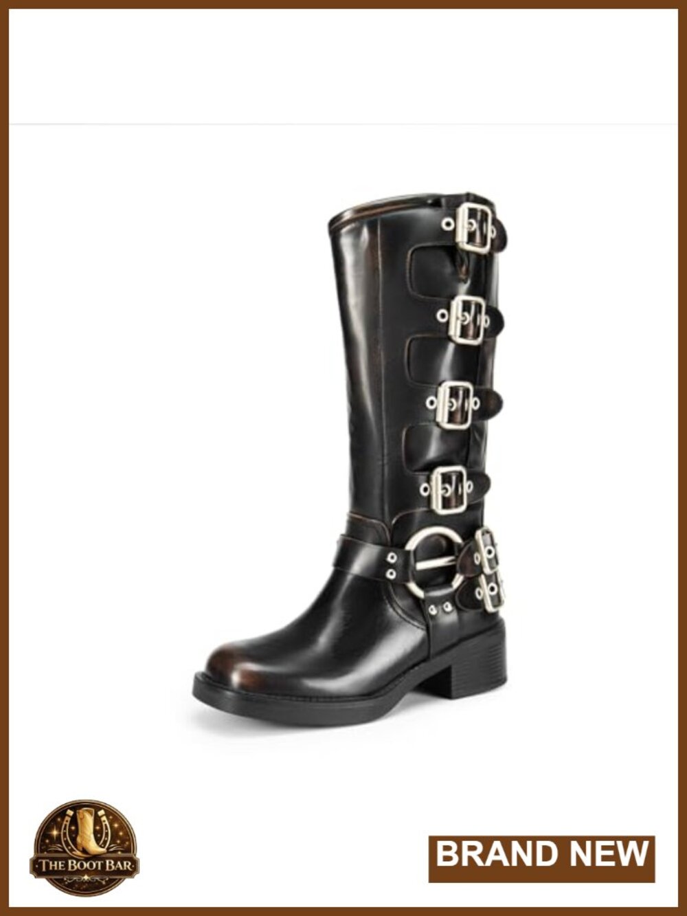 Women's Knee High Biker Moto Boots Faux Leather Square Toe Block Heel Buckle